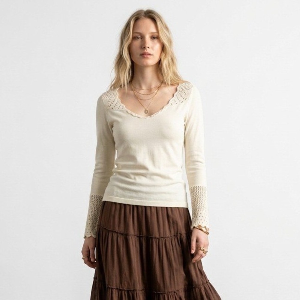 Venus Womens Cream Crochet Lace Trim‎ V-Neck Knit Sweater Top Size S